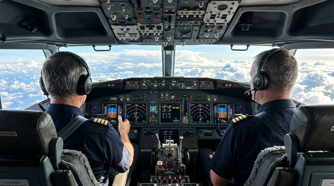 Two veteran pilots in their 50s at the controls of a large commercial jet during a daylight ferry sector