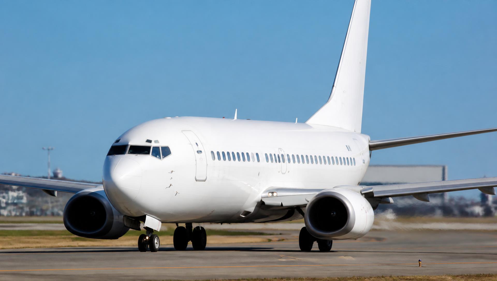 Boeing 737 Classic taxiing on an airport taxiway in daylight