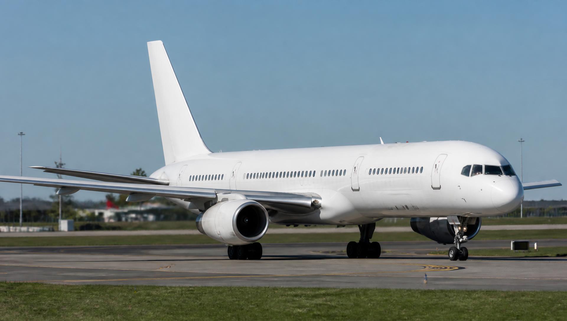 Boeing 757 taxiing on an airport taxiway in daylight