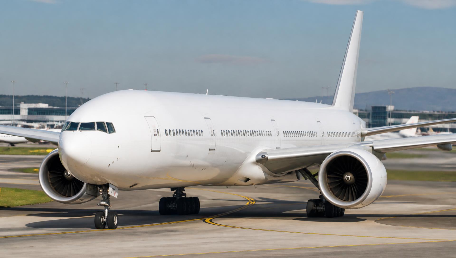 Boeing 777 taxiing on an airport taxiway in daylight
