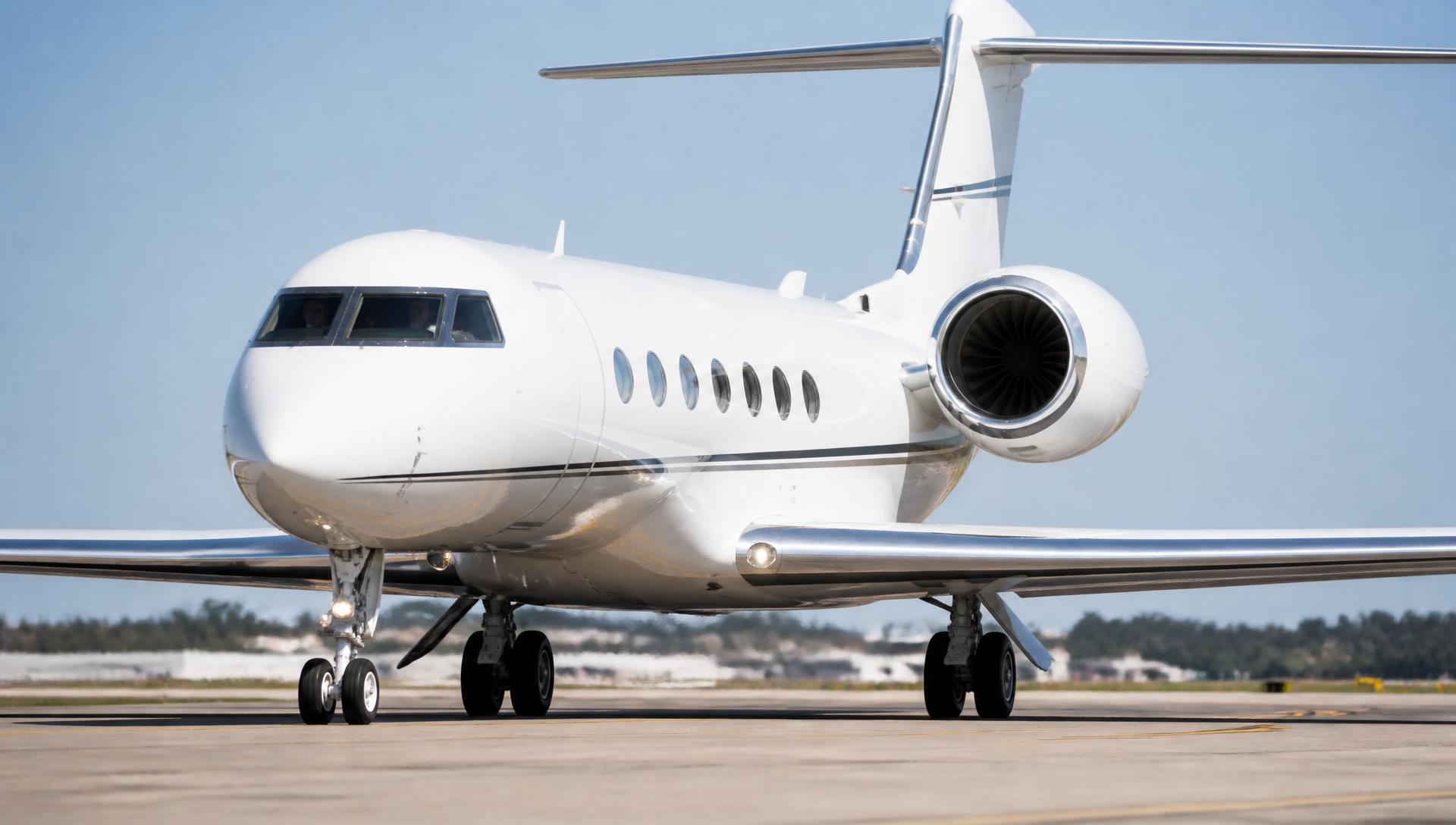 Business jets taxiing on an airport taxiway in daylight