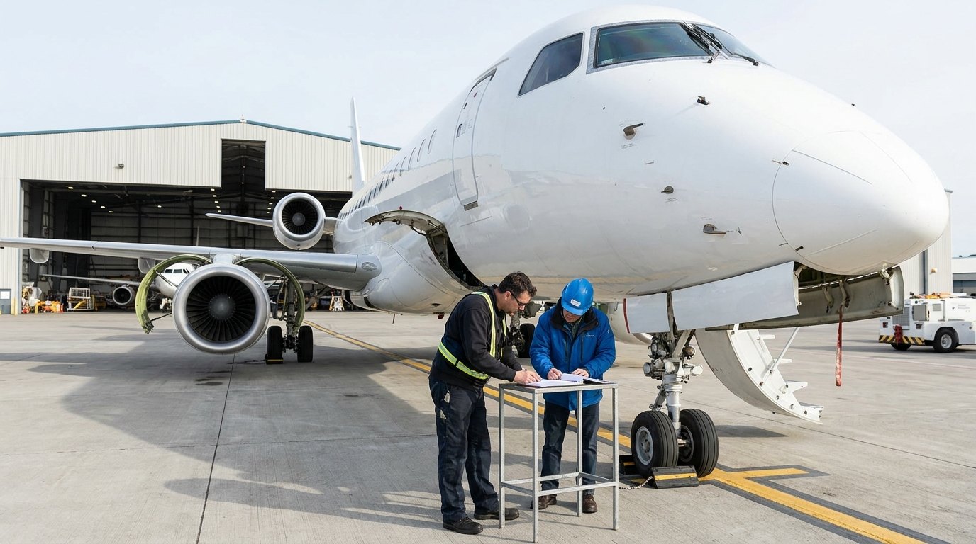 Engineer and inspector reviewing ferry permit paperwork beside a regional jet