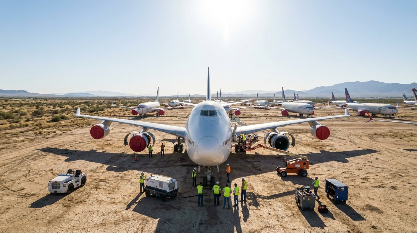 Stored airliners in a desert facility with one aircraft being prepared for reactivation