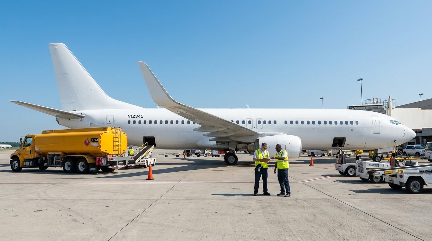 Boeing 737 on a sunlit ramp beside a fuel truck during ferry flight preparation