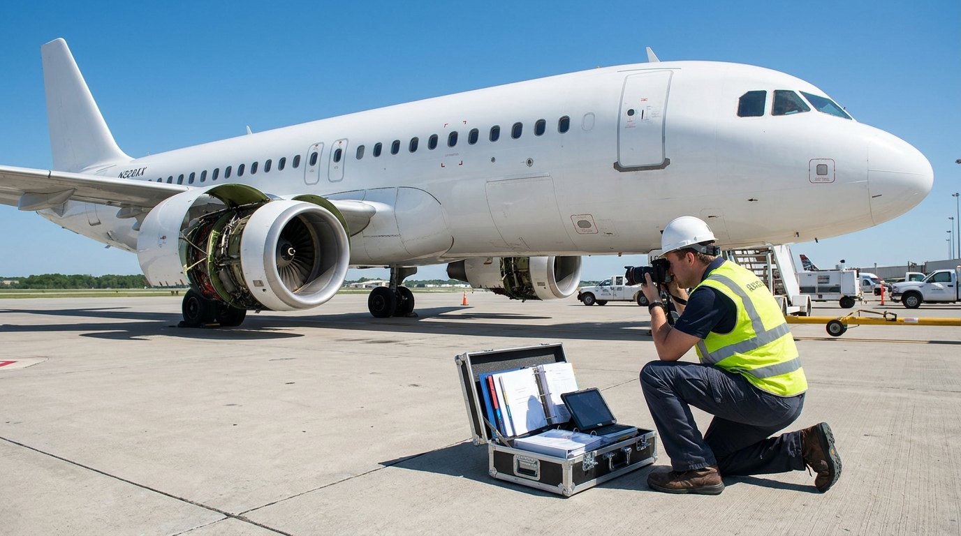 Inspector photographing an Airbus A320 airframe during a lease return inspection