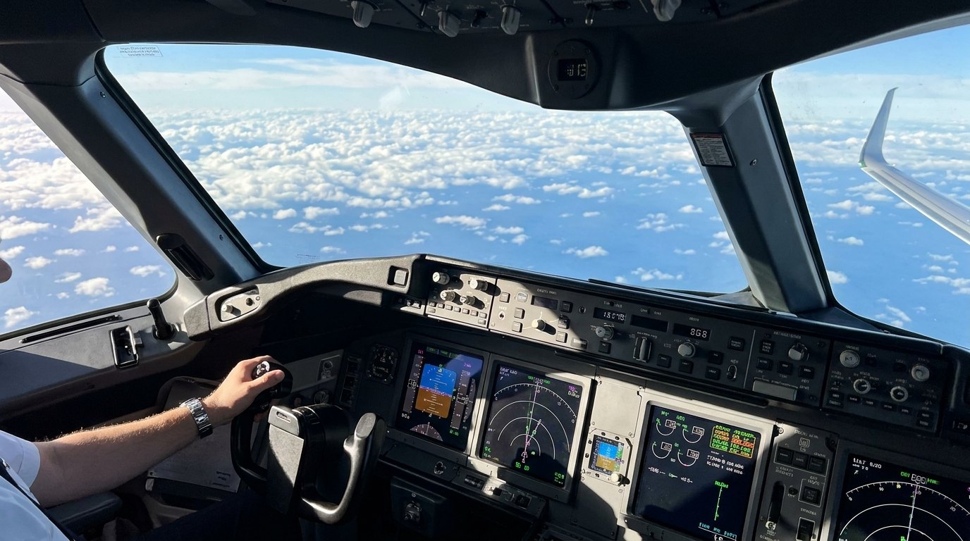 Airliner cockpit view in cruise over the North Atlantic in daylight