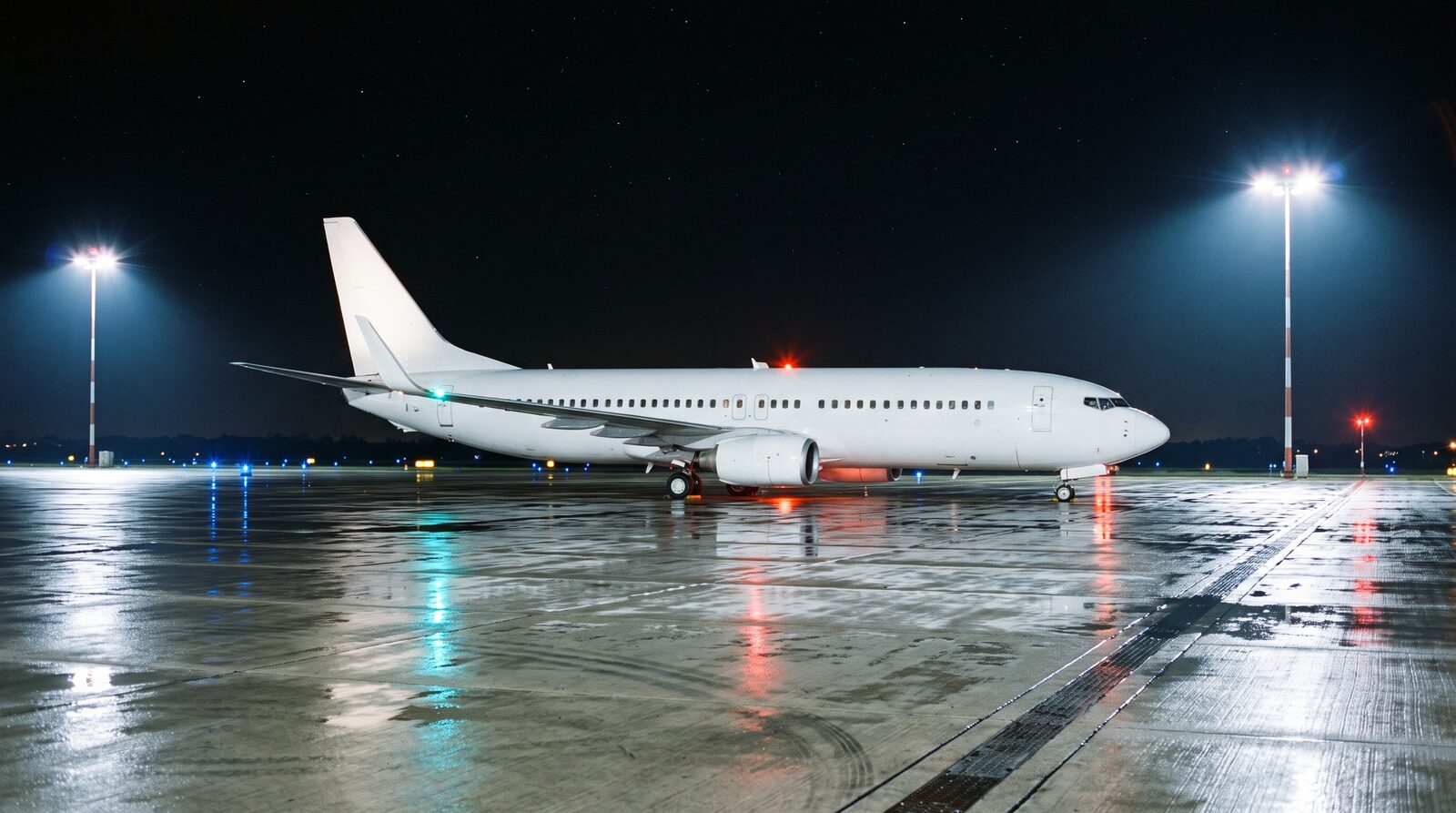 Airliner on a floodlit ramp at night before an early morning ferry departure