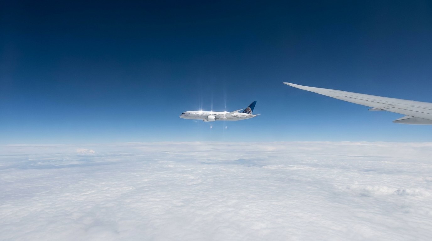 Jet airliner cruising at RVSM altitude above a cloud deck in bright daylight